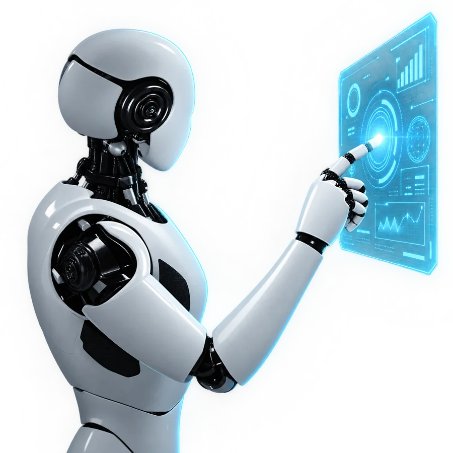 Robot humanoïde touchant une interface holographique